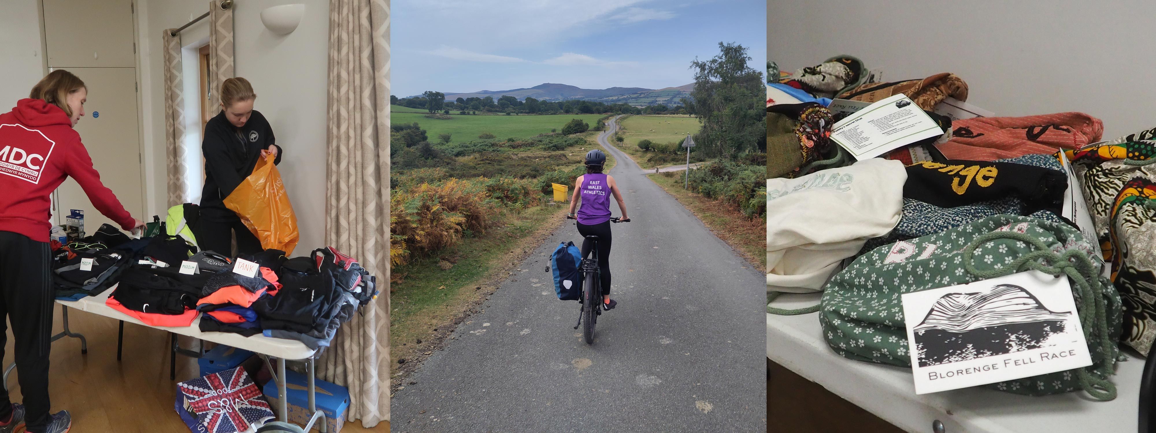 Triptych showing a kit swap at a race, cycling to a race, and handmade prizes of meal kits in handmade bags