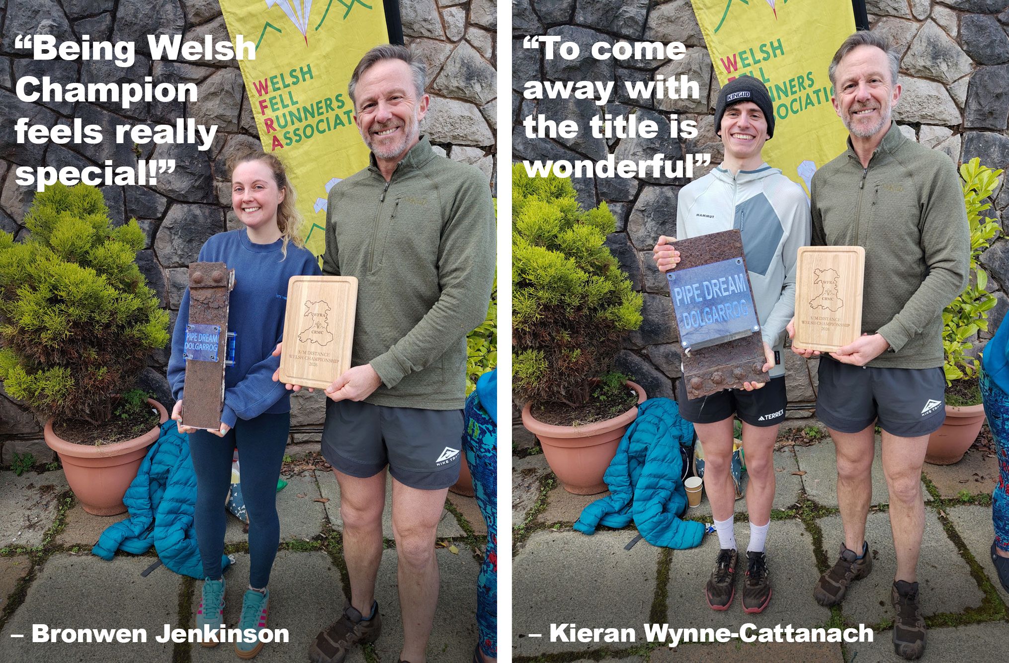 Diptych of Welsh Champions and race winners smiling with the Race Organiser, holding their prizes in front of the WFRA banner