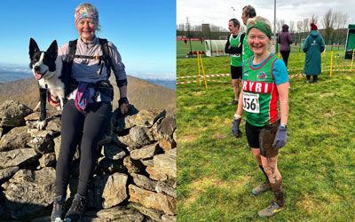 Two photos of Ellie Salisbury. One of her smiling with her dog on a summit cairn with blue sky, and another after a race - muddy, smiling and in an Eryri Harriers vest