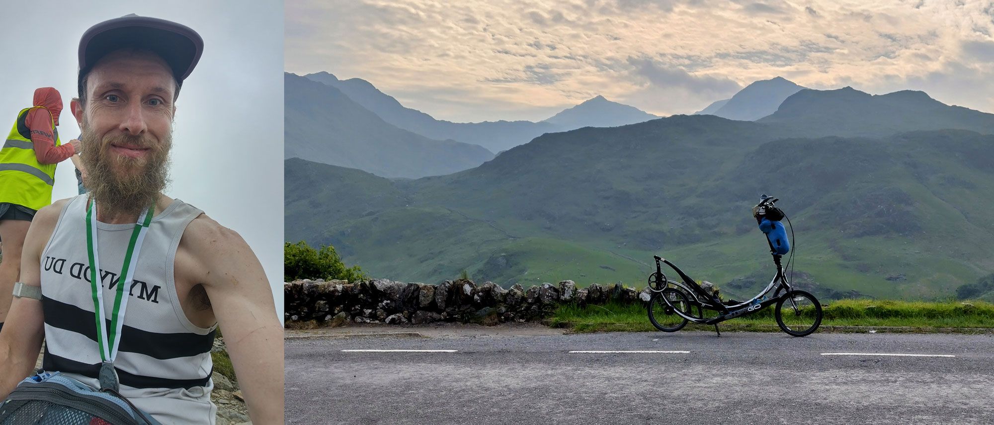 Diptych of Tim Wooder with his race medal at the end of the race on the left, and a photo of his elliptigo near Pen y Pass