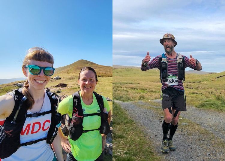 Diptych showing Briony and Jules smiling by the Sugar Loaf on a sunny day out for a run; Can during a race smiling with thumbs up